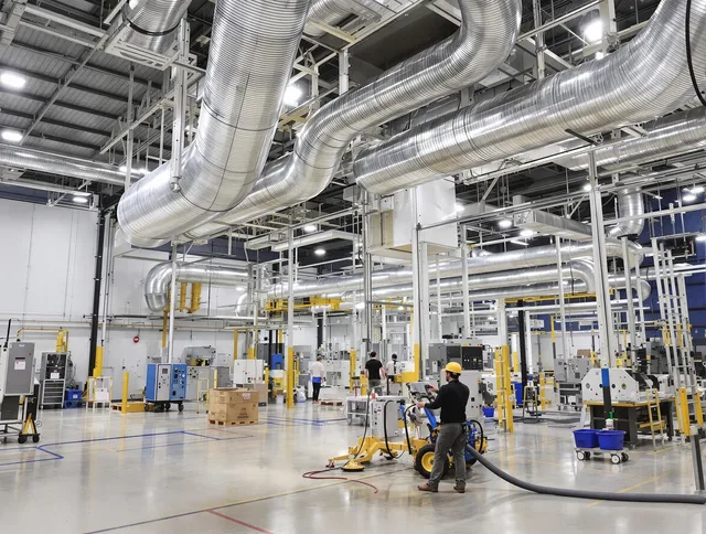 Holliston Air Duct Cleaning team performing comprehensive industrial duct cleaning at a large facility in Holliston